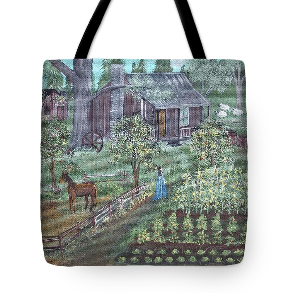 Grandma Moses Tote Bag featuring the painting Farmstead by Virginia Coyle