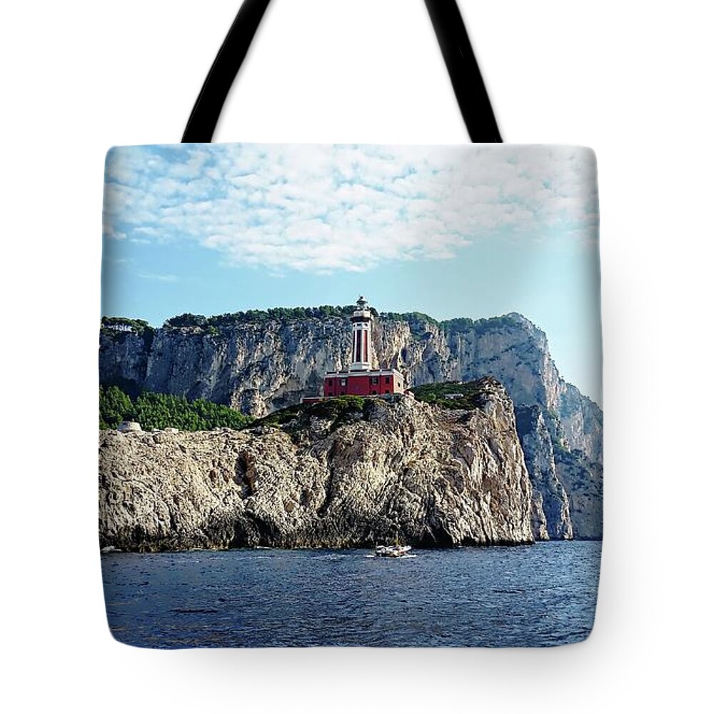 Europe Tote Bag featuring the digital art Faro Lighthouse - Ise of Capri by Joseph Hendrix