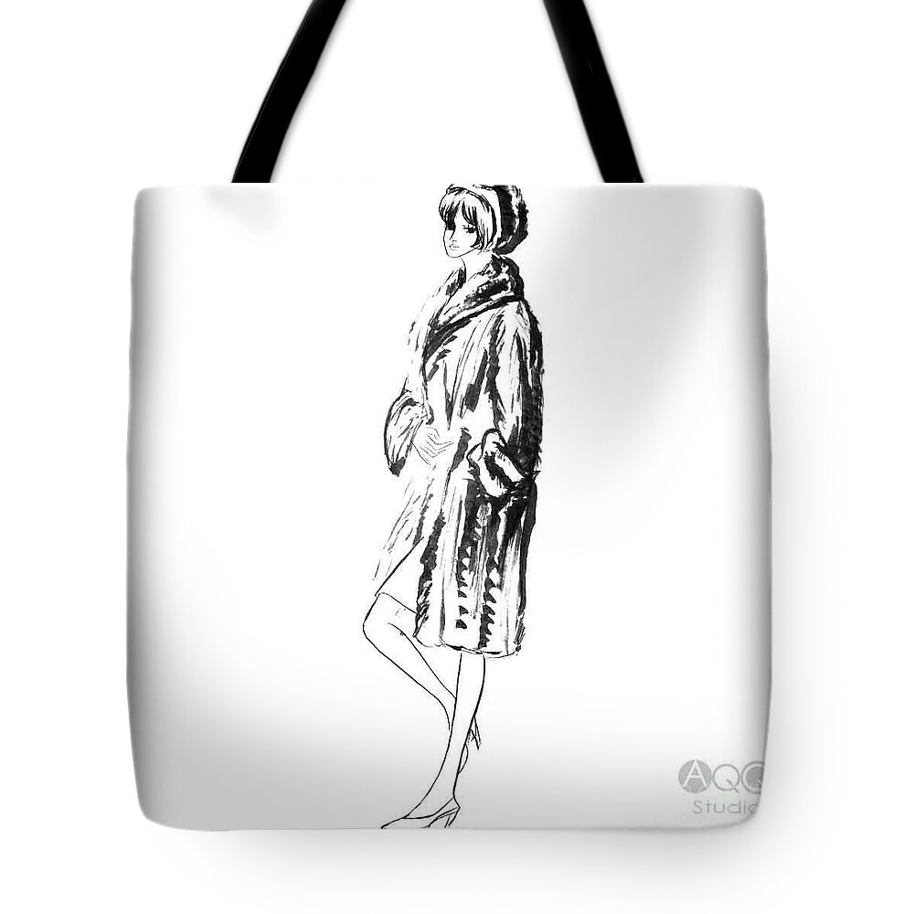 Black And White Fashion Art. Tote Bag featuring the painting Fashion Girl in Fur Coat by Leslie Ouyang