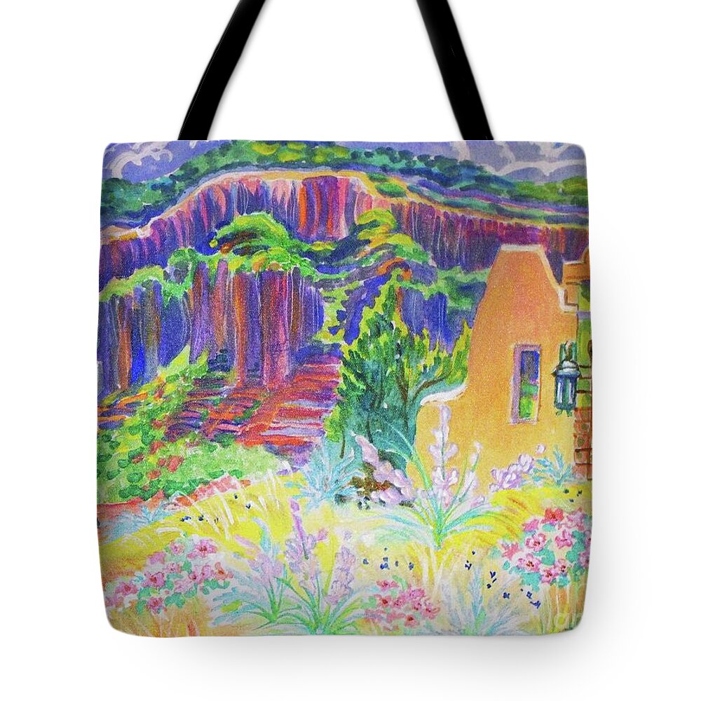 Faux Gate Detail Made And Interesting Painting In This Desert Setting Tote Bag featuring the painting Faux Gate in Gateway Colorado by Annie Gibbons
