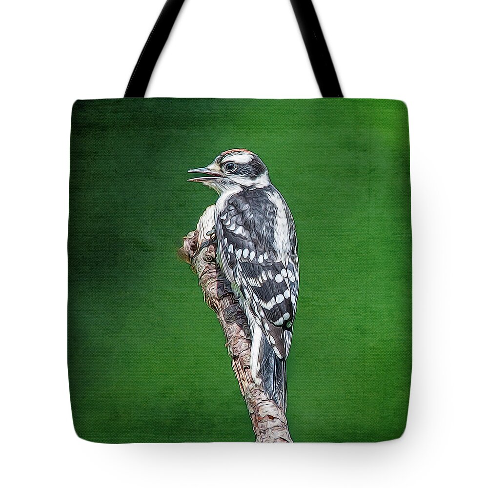 Bird Tote Bag featuring the photograph Female Downy Woodpecker by Cathy Kovarik