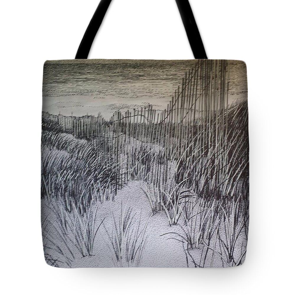  Tote Bag featuring the drawing Fence in the Dunes by Betsy Carlson Cross