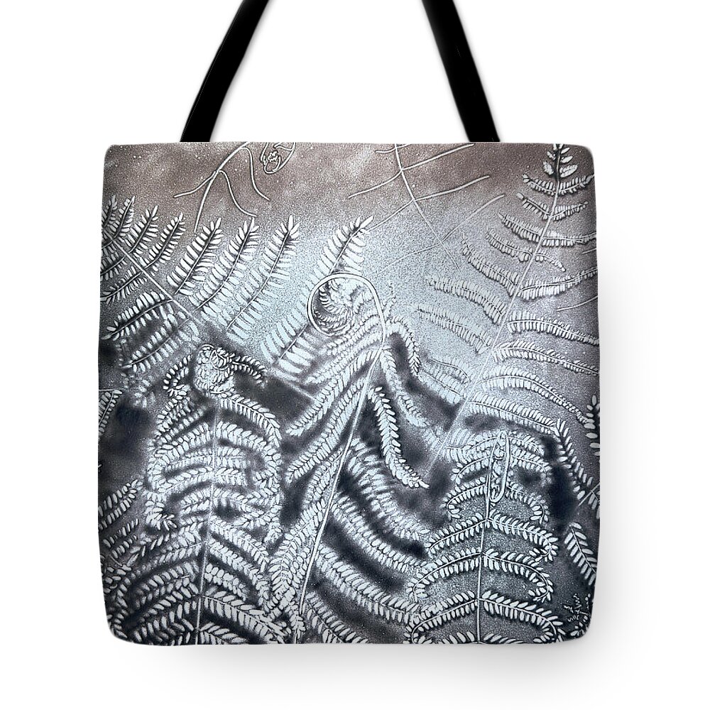 Russian Artists New Wave Tote Bag featuring the drawing Fern Leaves. Sand Art by Elena Vedernikova