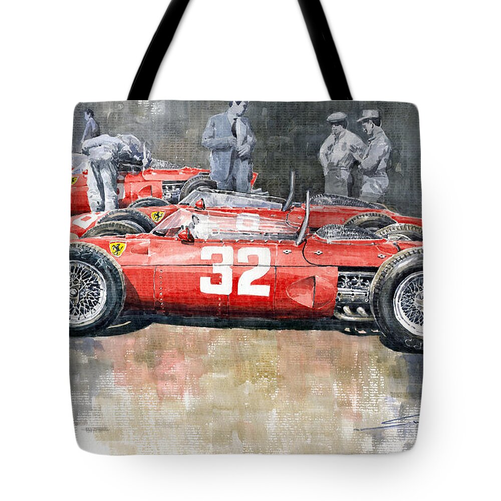 Watercolour Tote Bag featuring the painting 1961 Ferrari 156 Italian GP 1961 by Yuriy Shevchuk