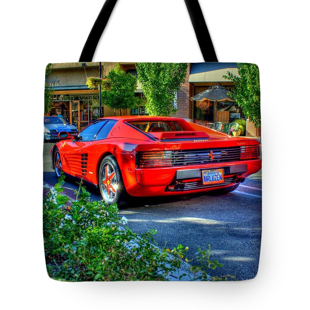 Hdr Tote Bag featuring the photograph Ferrari from afar by Randy Wehner