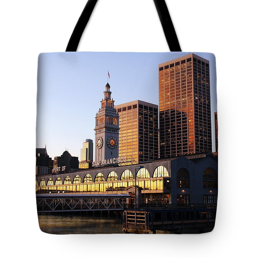 Ferry Tote Bag featuring the photograph Ferry Building and San Francisco by James Kirkikis