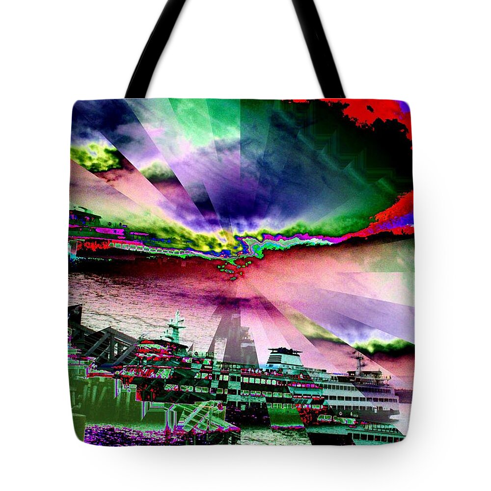 Seattle Tote Bag featuring the digital art Ferry Illusion by Tim Allen