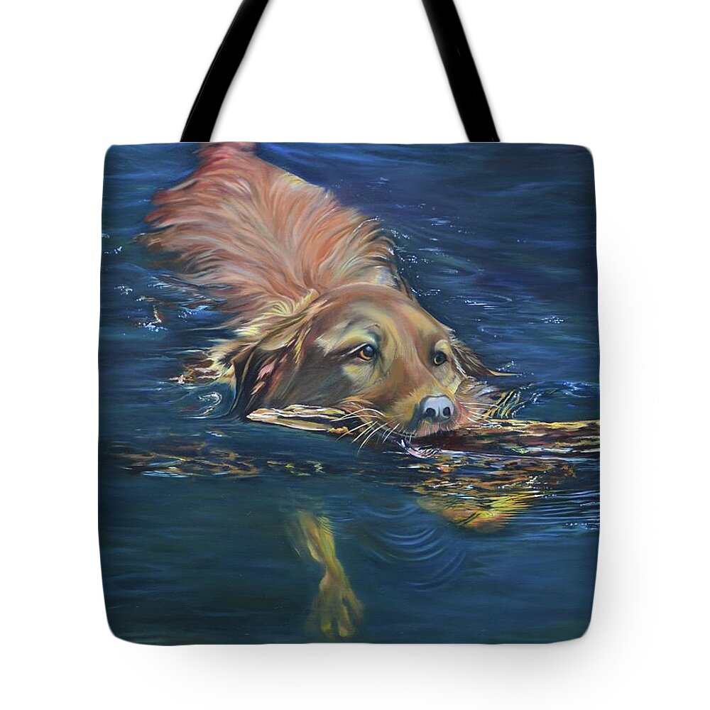 #swim #swimming #lab #retriever #dogs #dog #lake #lakes #labs #stick #fetching #landscape #blue #lakes #cottage #canada #happy #waterscapes Tote Bag featuring the painting Fetching The Stick by Stella Marin