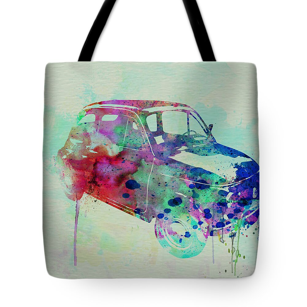 Fiat 500 Tote Bag featuring the painting Fiat 500 Watercolor by Naxart Studio
