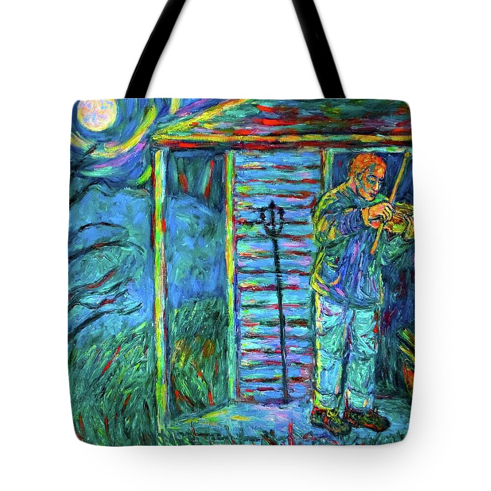 Fiddler Tote Bag featuring the painting Fiddling at Midnight's Farm House by Kendall Kessler