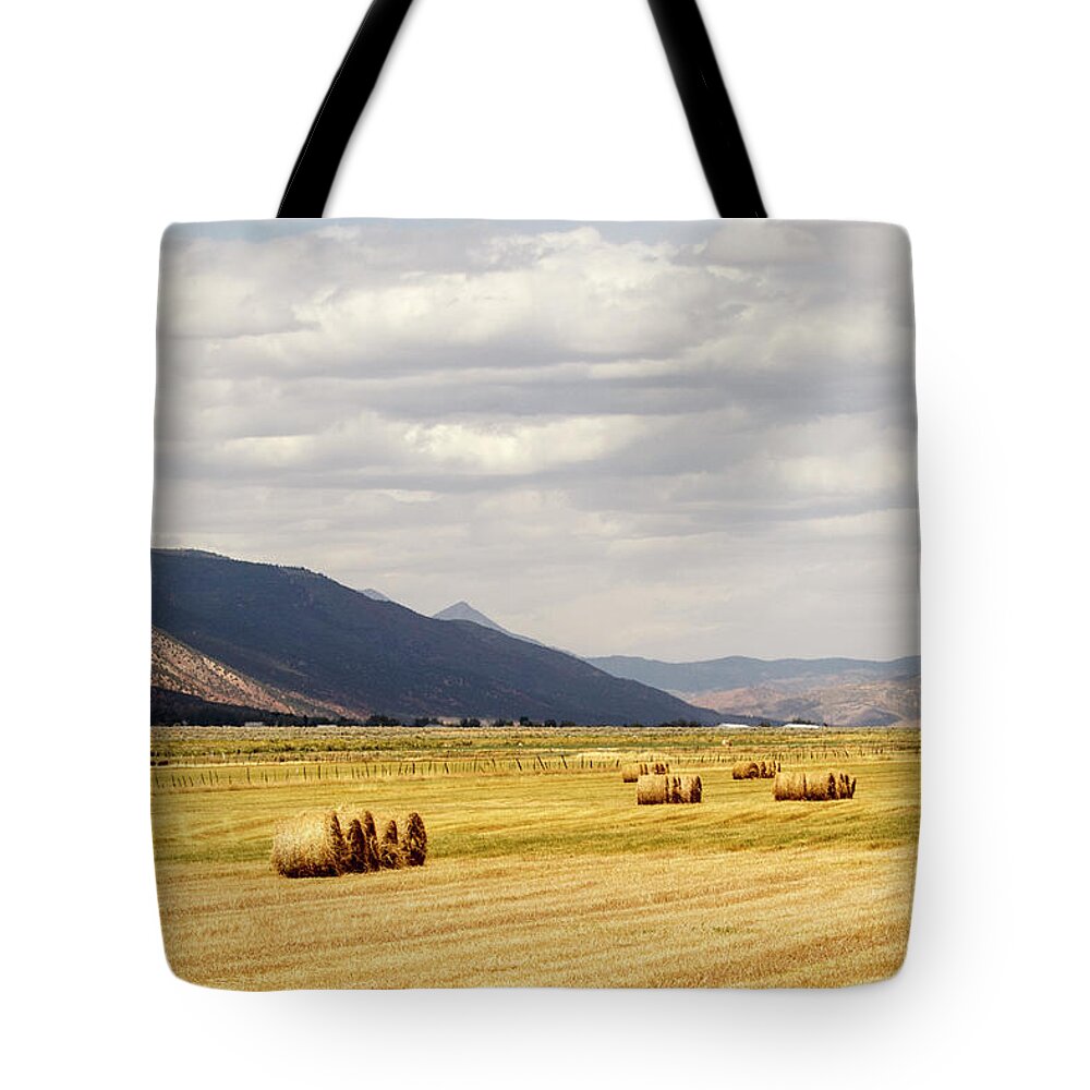 Cloudy Sky Tote Bag featuring the photograph Field of Hay Bales by K Bradley Washburn