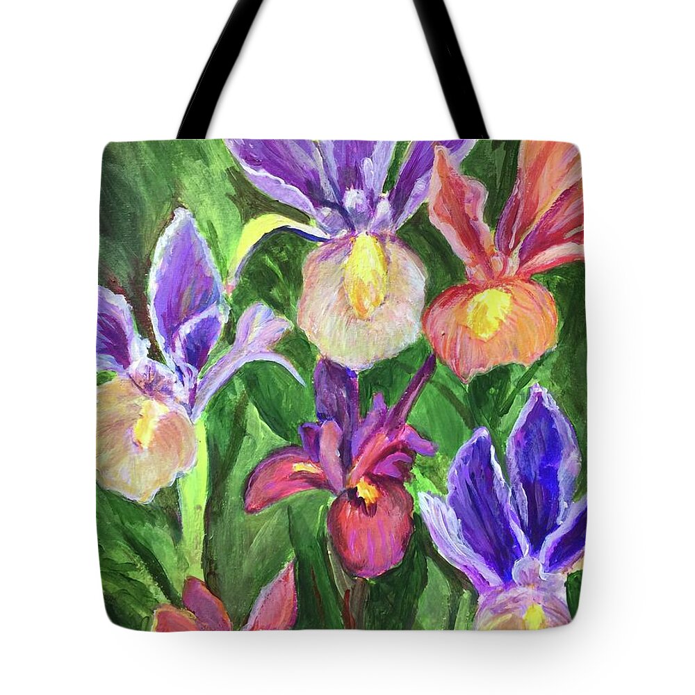 Some More Different Colors Of Irises. Purples Tote Bag featuring the painting Field of Iris by Charme Curtin