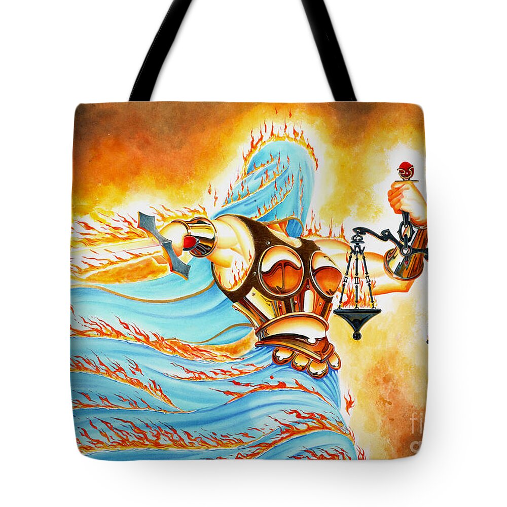 Fantasy Tote Bag featuring the drawing Fiery Justice by Melissa A Benson