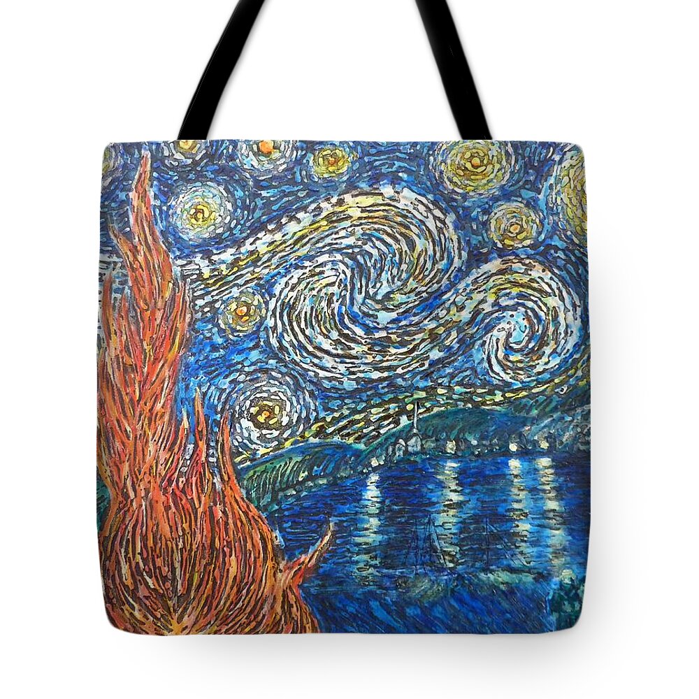 Fiery Night Tote Bag featuring the painting Fiery Night by Amelie Simmons