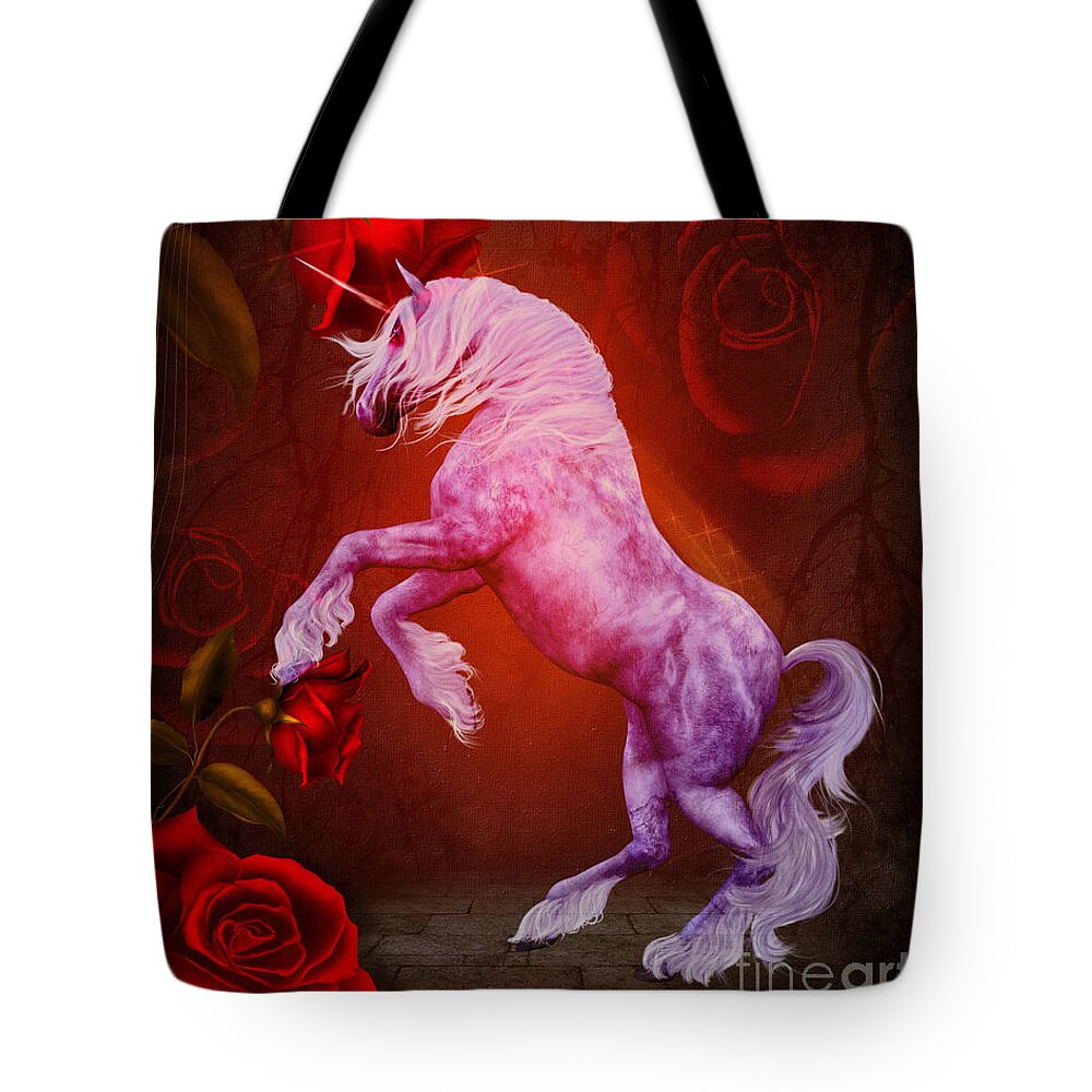 Unicorn Tote Bag featuring the digital art Fiery Unicorn Fantasy by Smilin Eyes Treasures