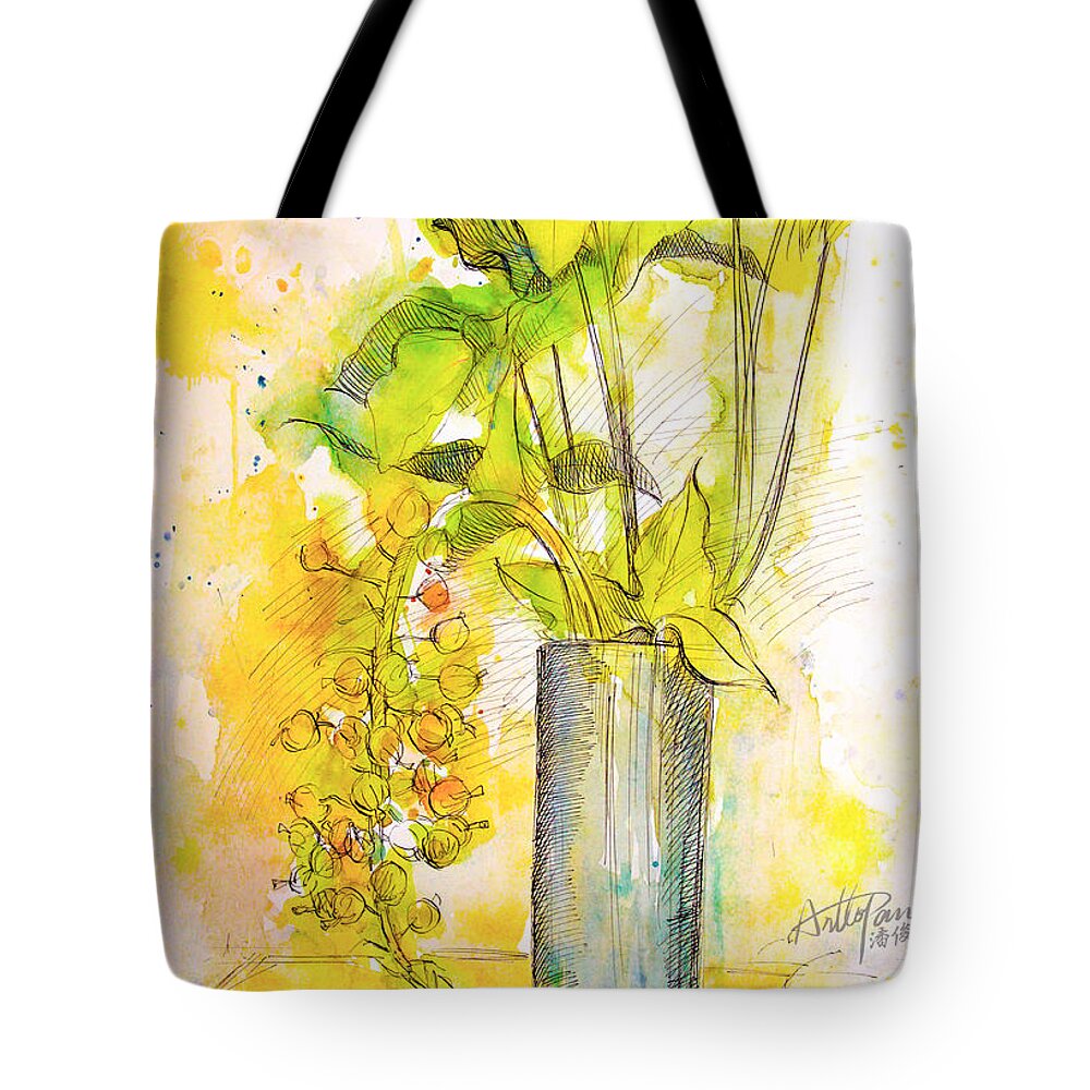 Fig Tote Bag featuring the painting Fig Flower leaves- ArtToPan -still life watercolor color sketch by Artto Pan