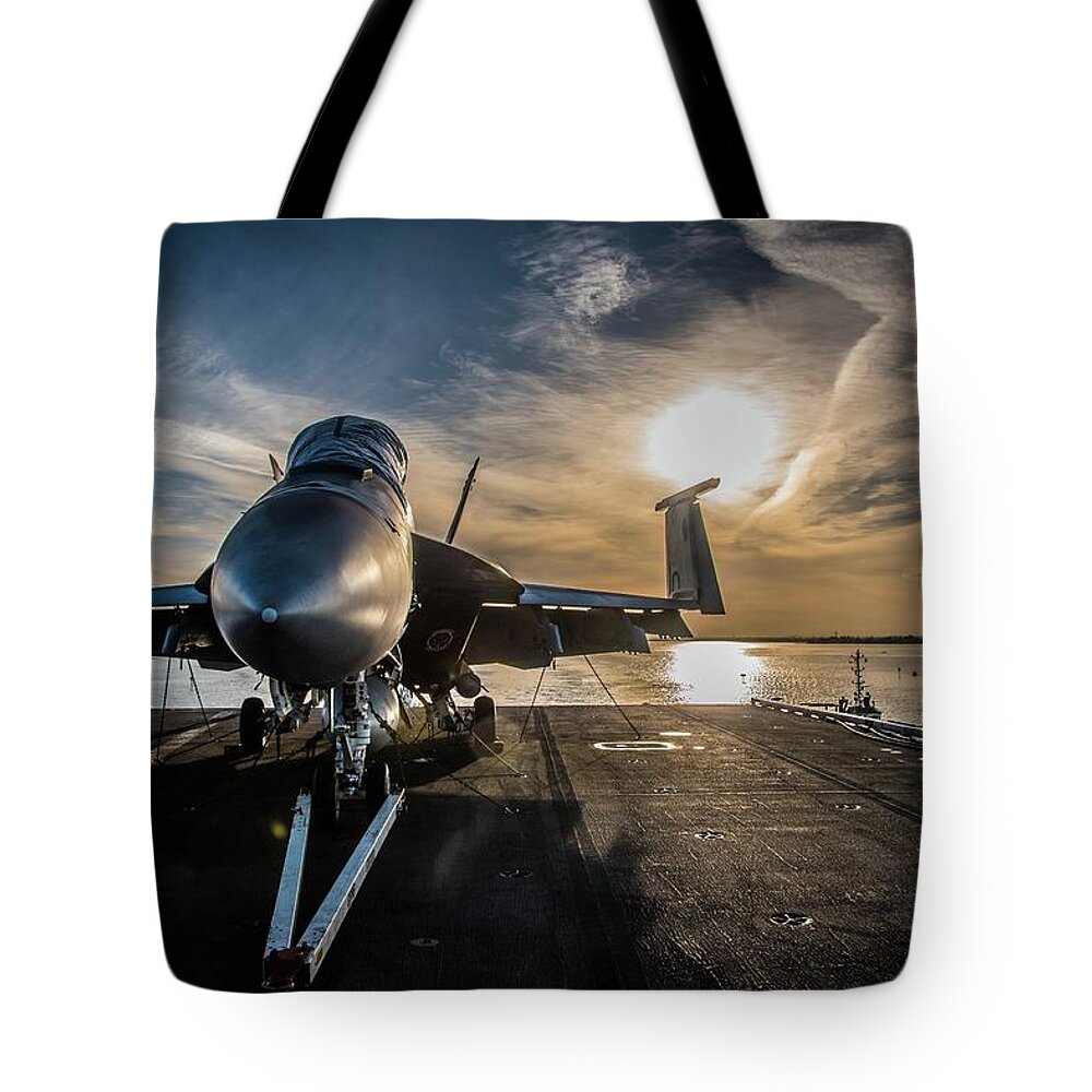 Navy Tote Bag featuring the photograph Fighter Jet Sunrise by Larkin's Balcony Photography