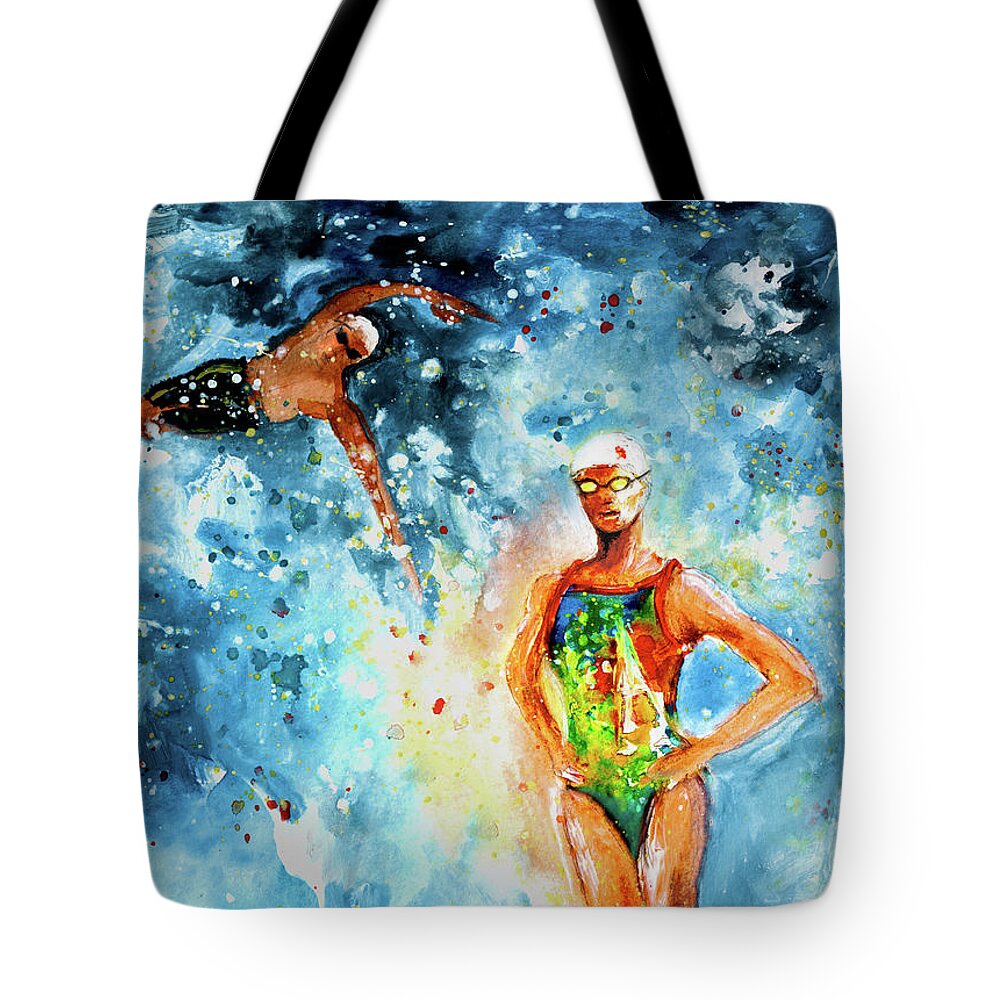 Sports Tote Bag featuring the painting Fighting Back by Miki De Goodaboom