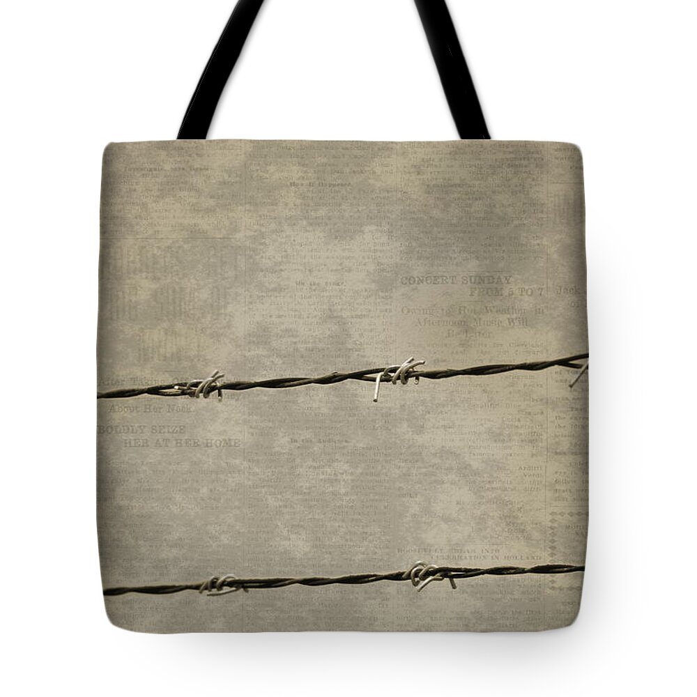 Prison Break Tote Bag featuring the photograph Fine Art Photograph Barbed Wire over Vintage News Print Breaking Out by Colleen Cornelius