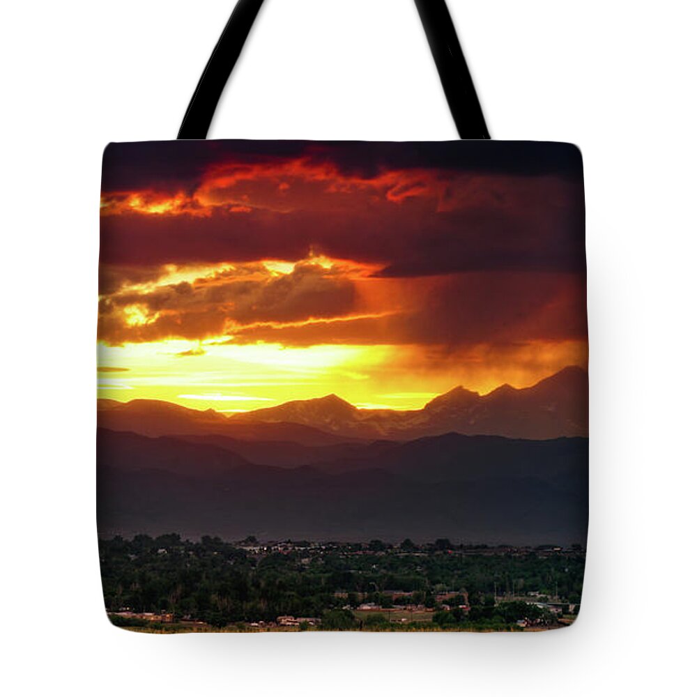 Broomfield Tote Bag featuring the photograph Fire Above Longs Peak by John De Bord