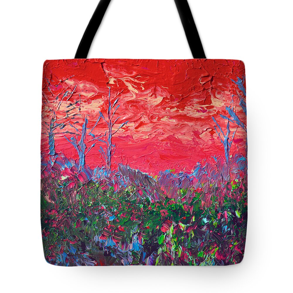 Abstract Fire Tote Bag featuring the painting Fire In The Hills by Donna Blackhall