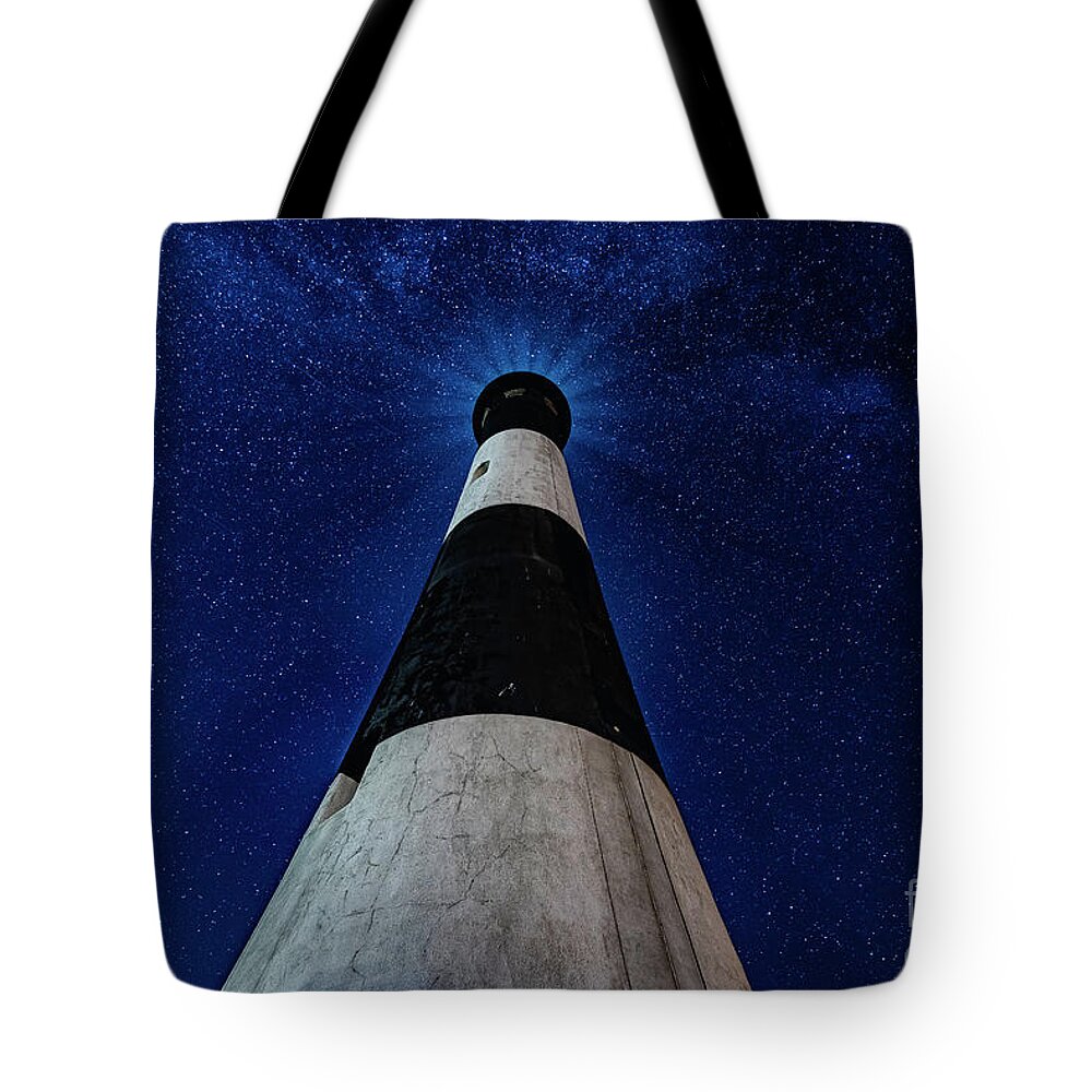 Montauk Tote Bag featuring the photograph Fire Island Long Island Lighthouse Milkyway at Night by Alissa Beth Photography