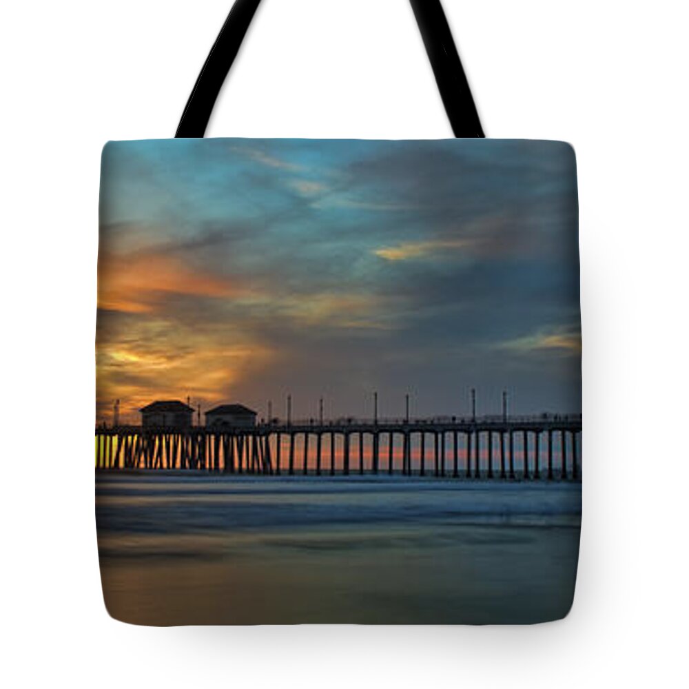 Beach Tote Bag featuring the photograph Fire On The Sky - Huntington Beach Pier by Peter Dang
