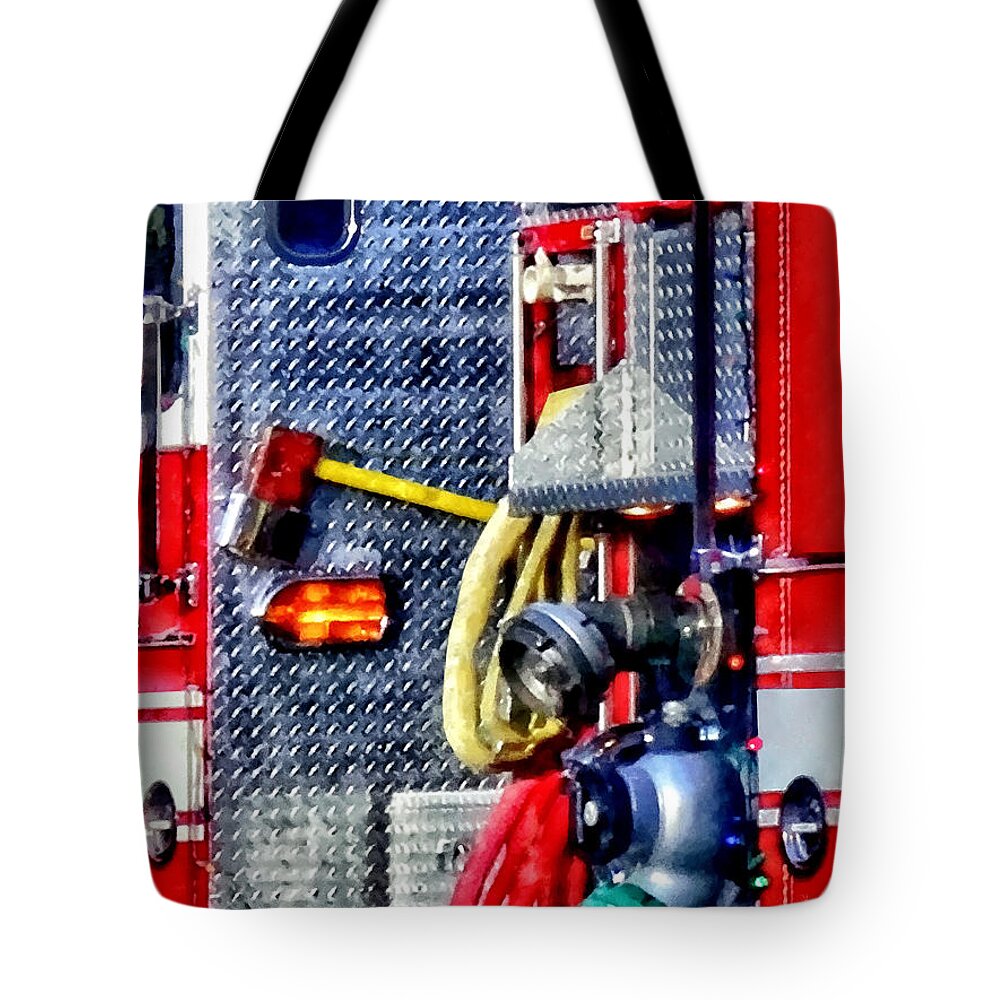 Ax Tote Bag featuring the photograph Fire Truck With Hoses and Ax by Susan Savad