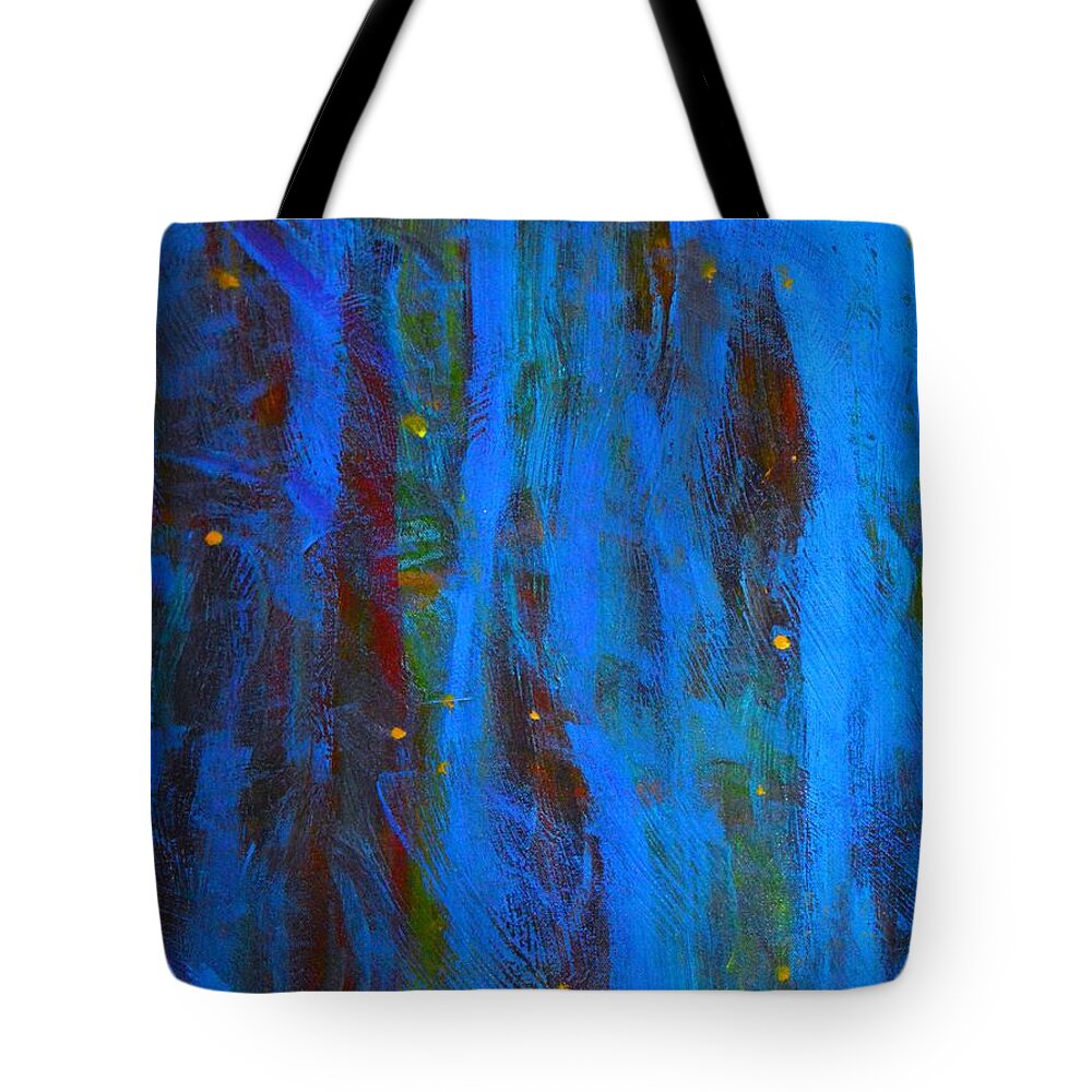 Original Tote Bag featuring the painting Fireflies in the Night Woods Abstract by Stacie Siemsen