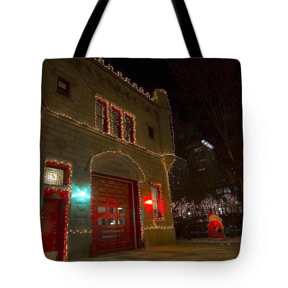 Firehouse Tote Bag featuring the photograph Firehouse in xmas lights by Sven Brogren