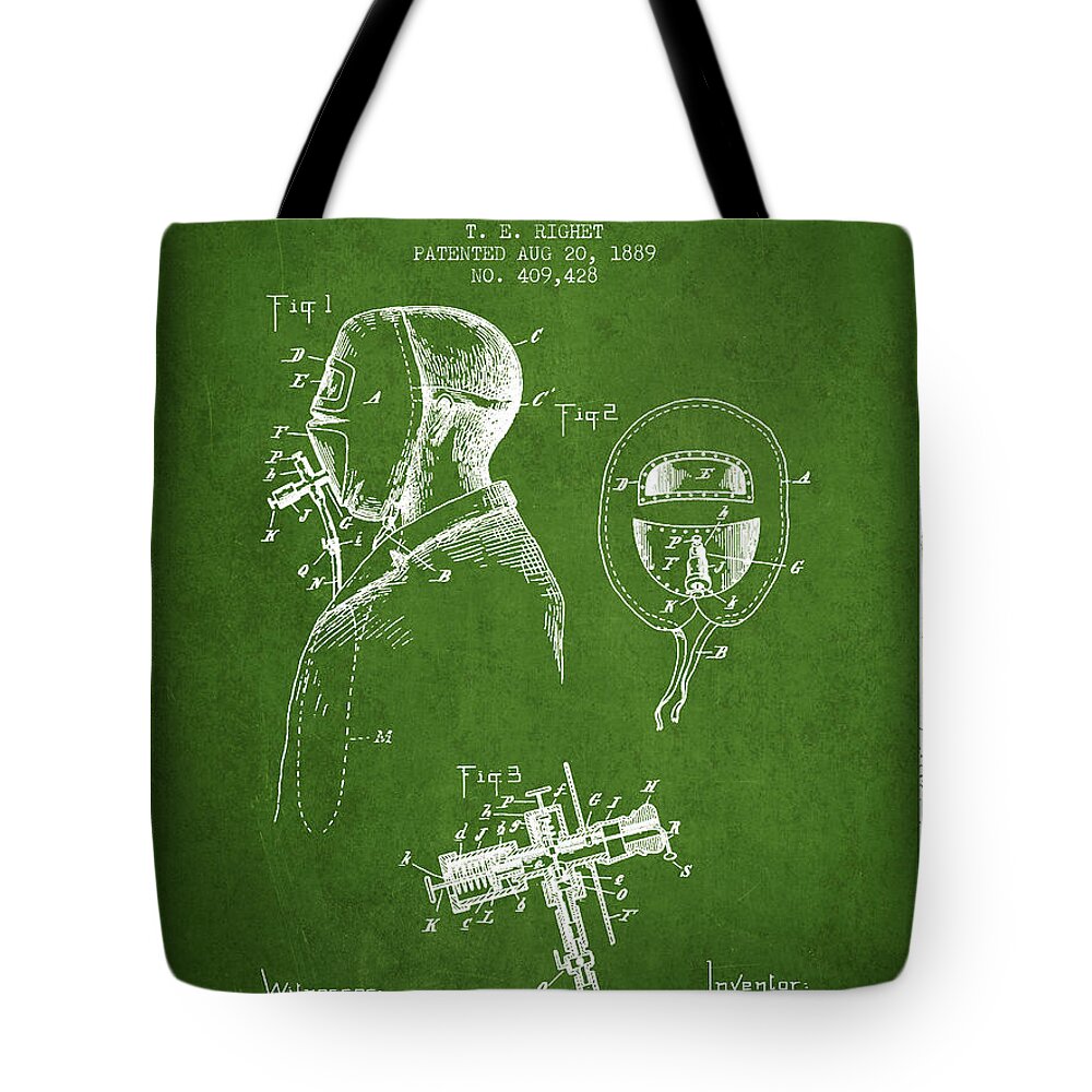 Fireman Tote Bag featuring the digital art Firemans Safety Helmet Patent from 1889 - Green by Aged Pixel