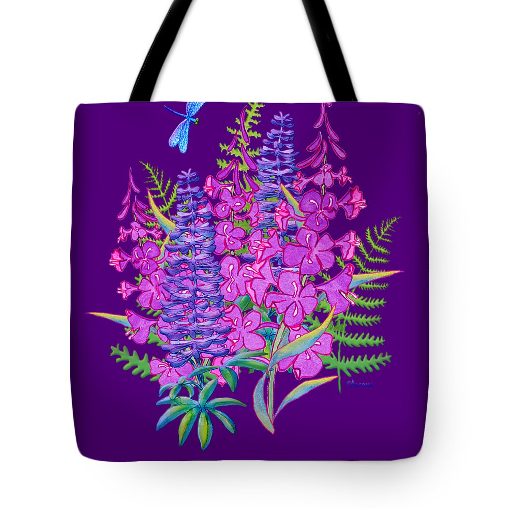Fireweed And Lupine Shirt Design Tote Bag featuring the painting Fireweed and Lupine T shirt design by Teresa Ascone