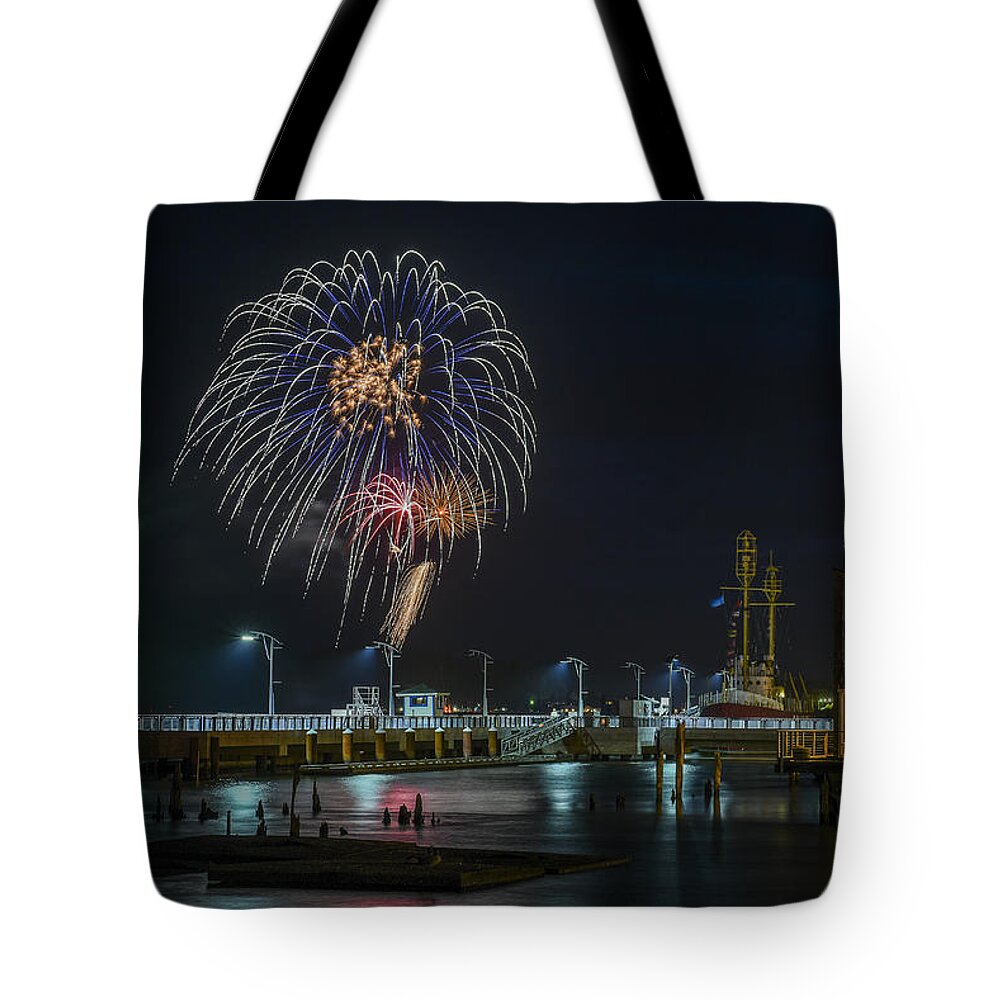 Astoria Tote Bag featuring the photograph Fireworks and 17th Street Docks by Robert Potts