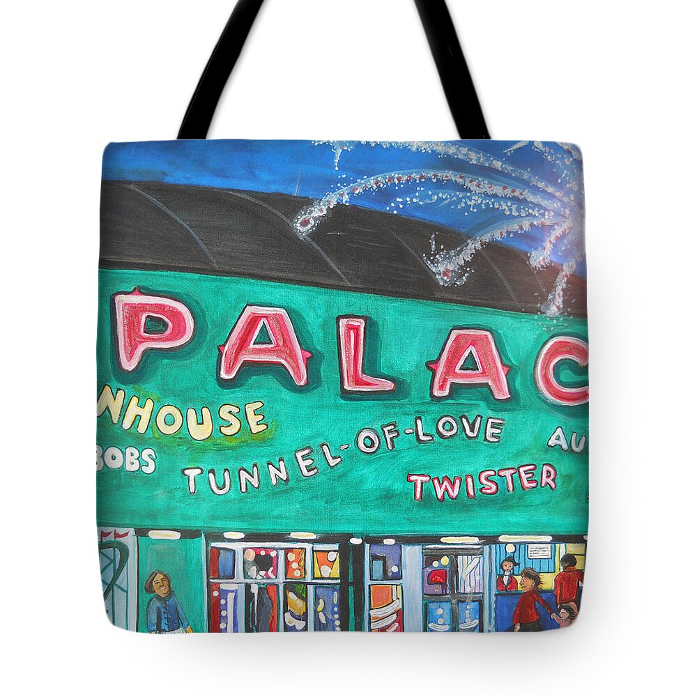 Asbury Park Art Tote Bag featuring the painting Fireworks at the Palace by Patricia Arroyo
