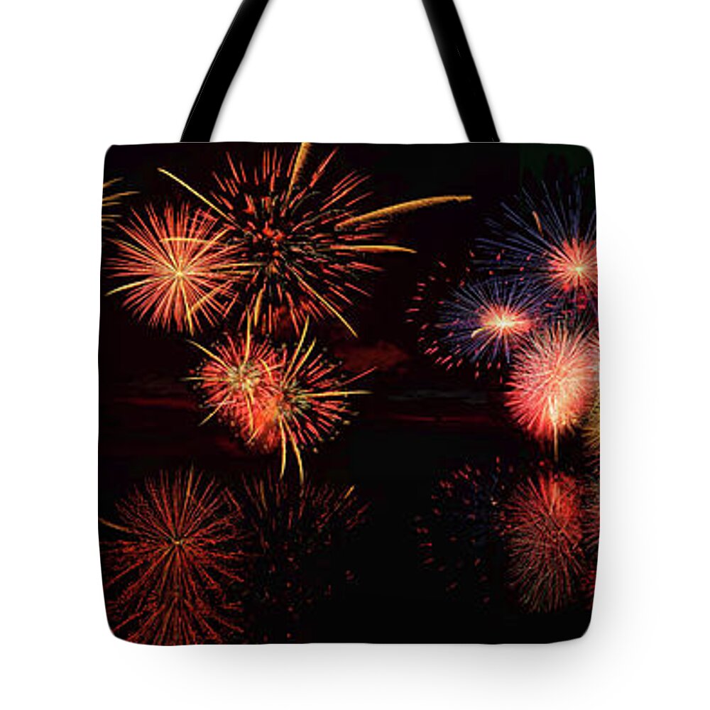 Fireworks Tote Bag featuring the digital art Fireworks Reflection In Water Panorama by O Lena
