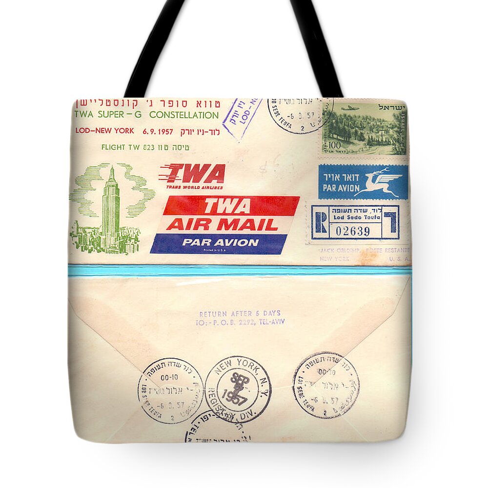 First Tote Bag featuring the photograph First Flight Lod to New York by Ilan Rosen