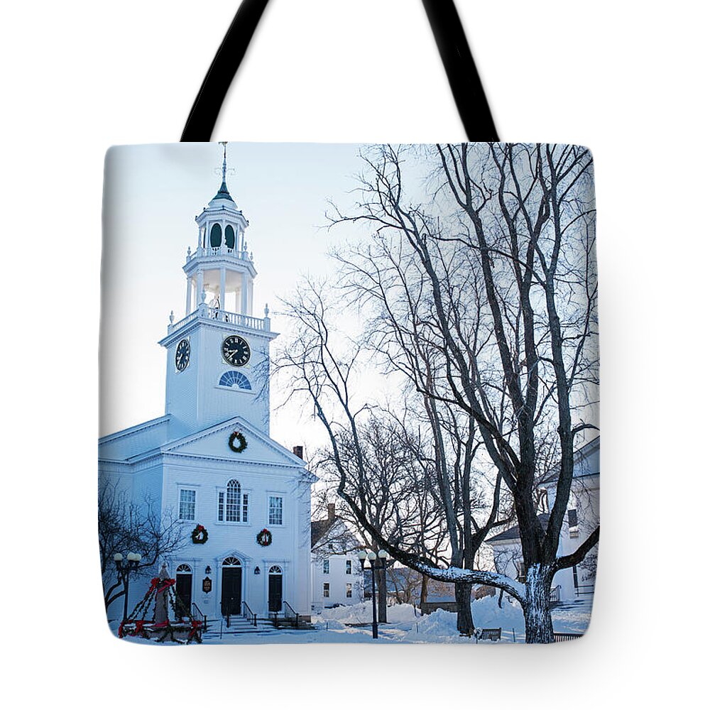 Manchester Tote Bag featuring the photograph First Parish Church Manchester MA North Winter Snow by Toby McGuire