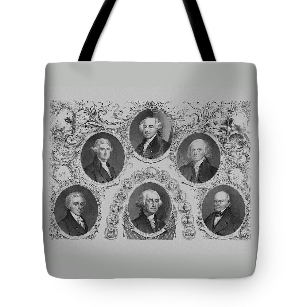 Us Presidents Tote Bag featuring the drawing First Six U.S. Presidents by War Is Hell Store