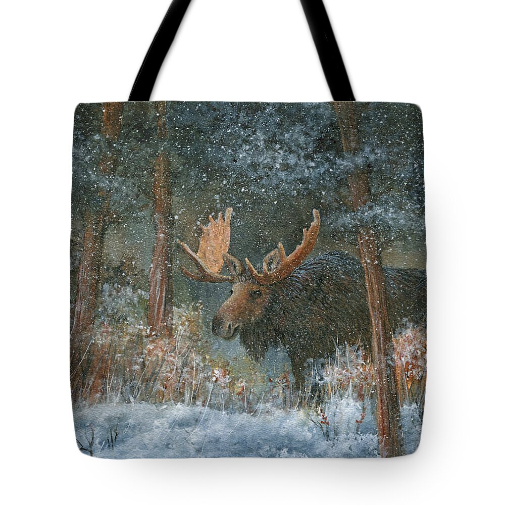 Moose Tote Bag featuring the painting First Snow - Alaska by June Hunt