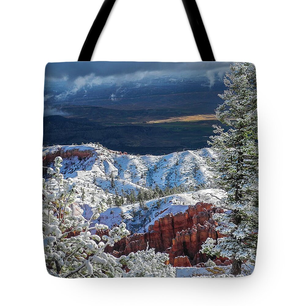 Bryce Canyon Tote Bag featuring the photograph First Snow by John Roach