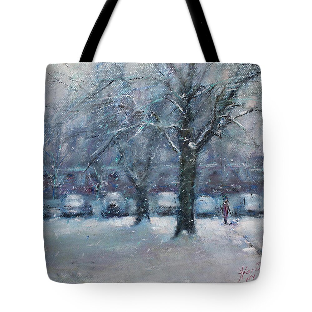 Snowfall Tote Bag featuring the painting First Snowfall 2017 by Ylli Haruni