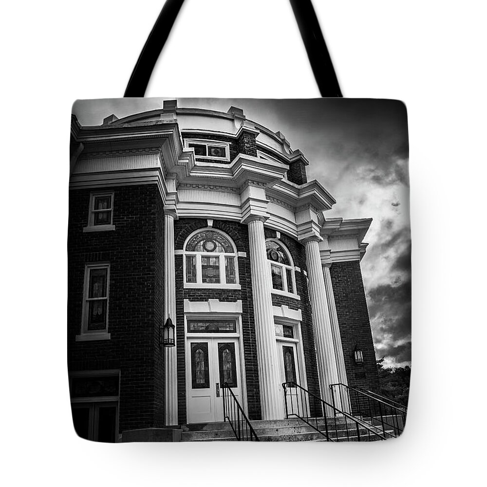First United Methodist Church Tote Bag featuring the photograph First United Methodist Church In The Light in Black and White by Greg and Chrystal Mimbs
