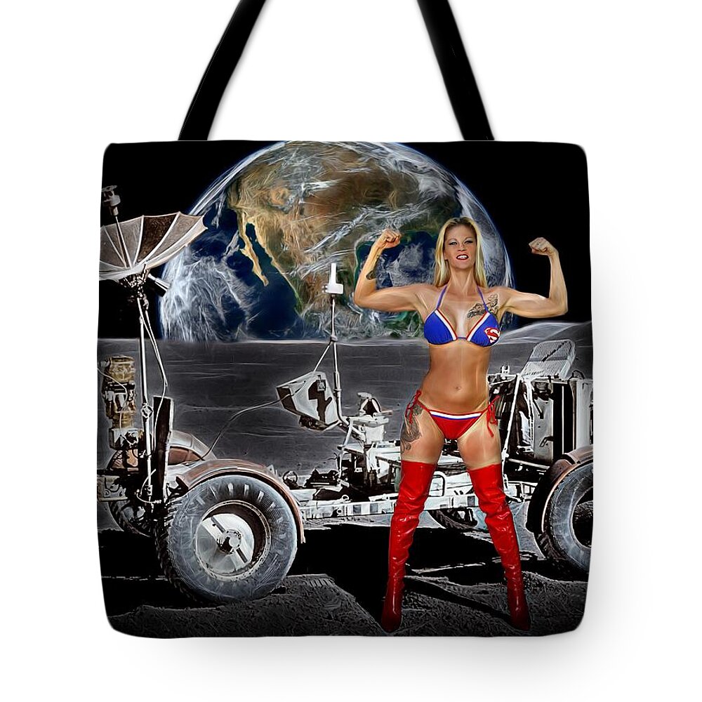 Fantasy Tote Bag featuring the painting First Woman On The Moon by Jon Volden