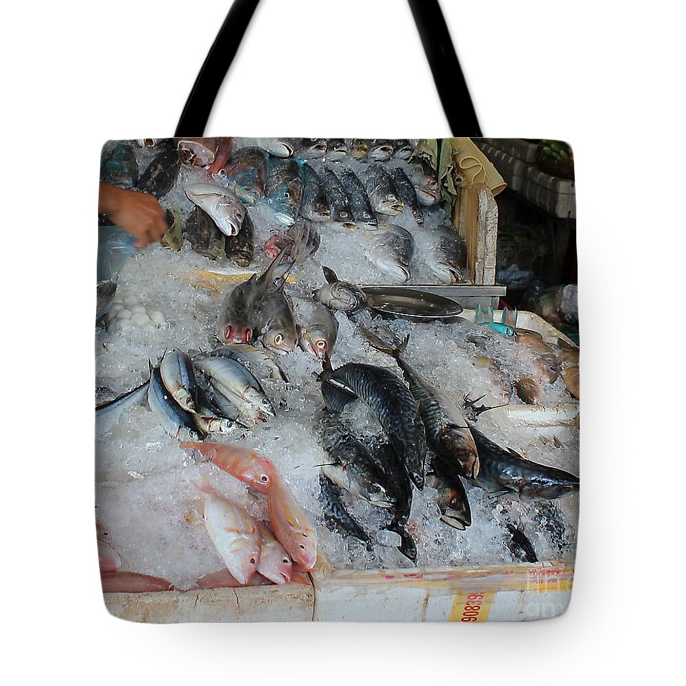 Fish Market Tote Bag featuring the pyrography Fish Market by Yury Bashkin