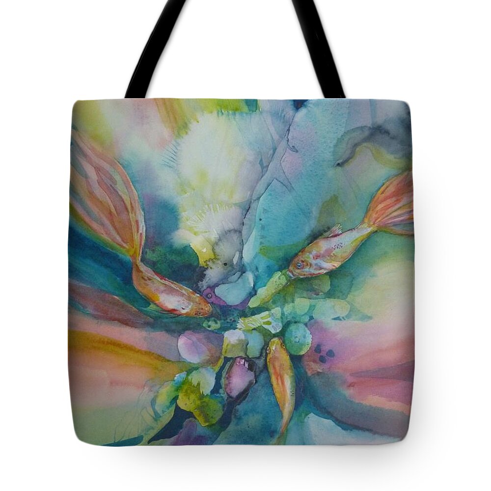 Fish Tote Bag featuring the painting Fish Tales by Donna Acheson-Juillet