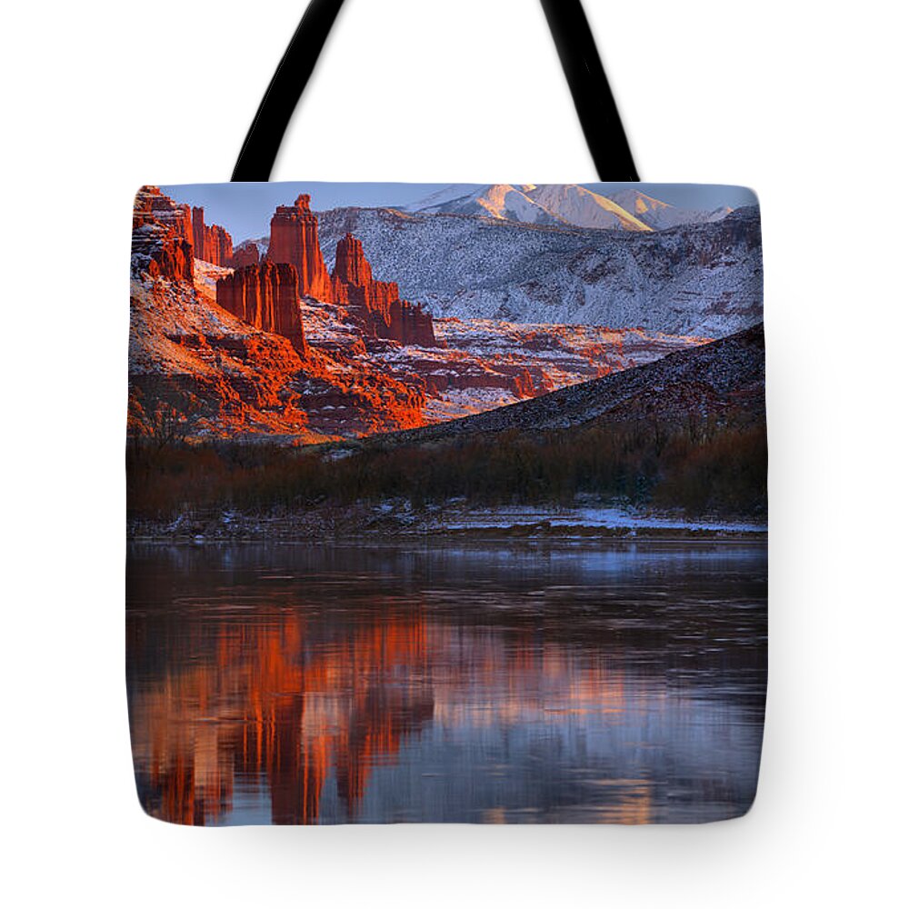 Fisher Towers Tote Bag featuring the photograph Fisher Towers And La Sal Mountains by Adam Jewell