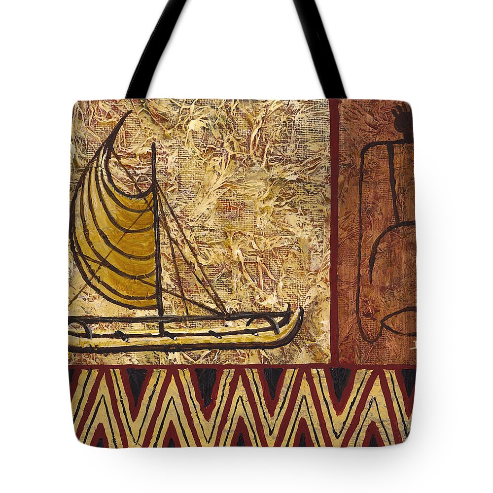 Hawaiian Petroglyphs Tote Bag featuring the painting Fisherman and canoe by Darice Machel McGuire