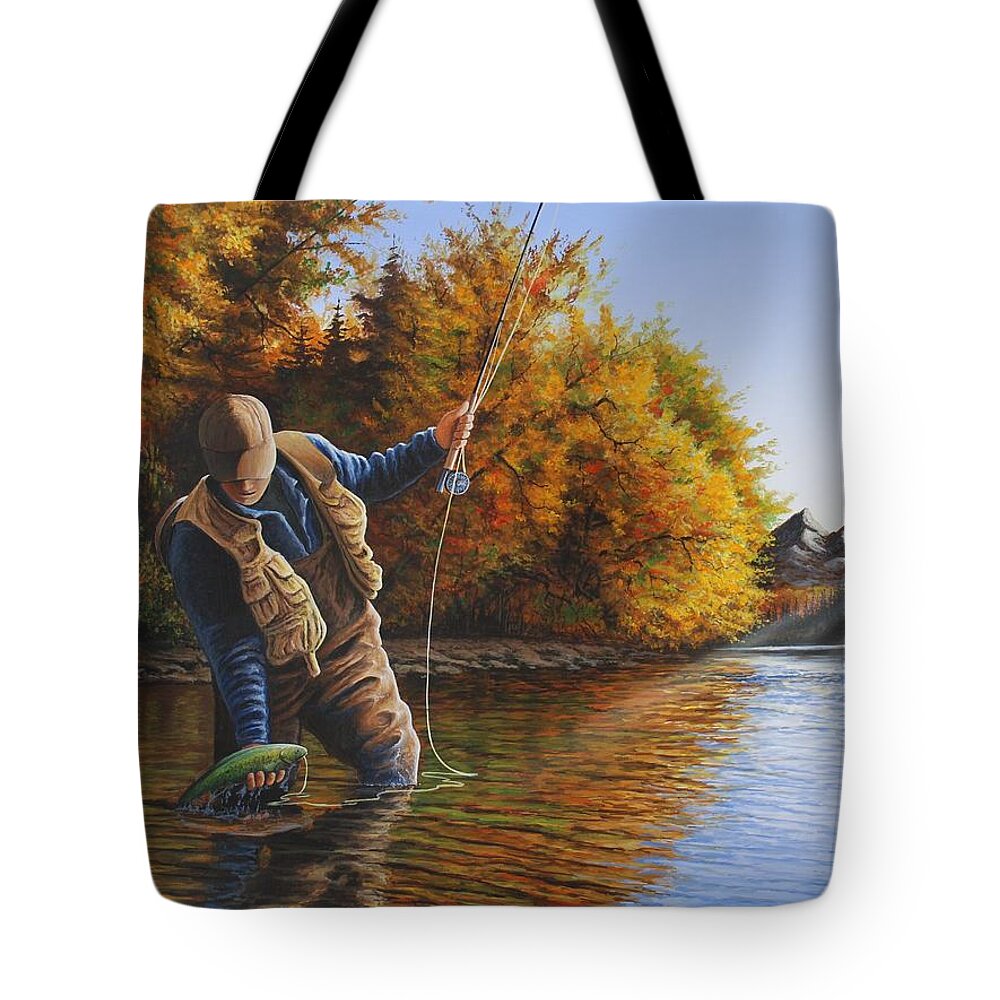 Fly Fishing Tote Bag featuring the painting Fisherman by Anthony J Padgett