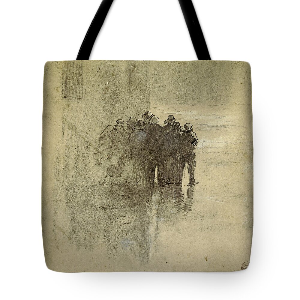 Winslow Homer Tote Bag featuring the drawing Fishermen in Oilskins, Cullercoats, England, 1881 by Winslow Homer