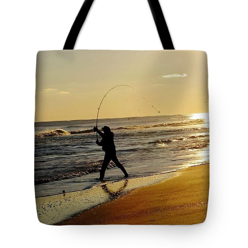 Sun Tote Bag featuring the photograph Fishing At Sunset by Laura Henry